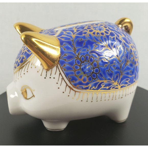 Vintage Ceramic Hand Painted Blue Gold Piggy Bank Marked JM Made In Thailand EUC - Picture 10 of 16